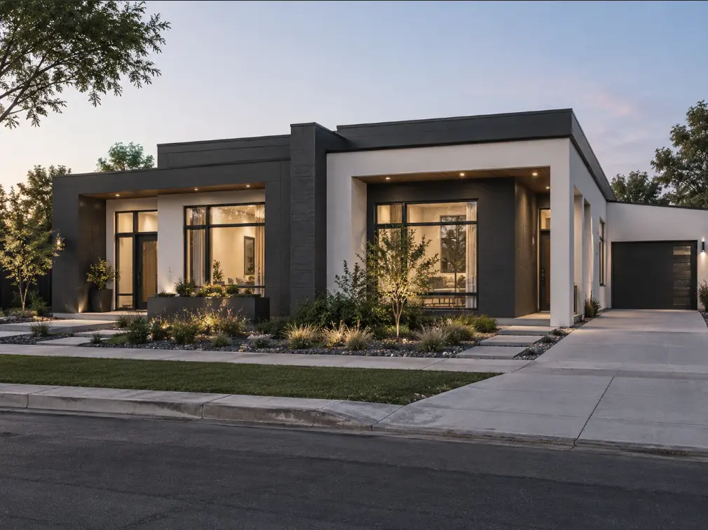 Modern two-story duplex at dusk